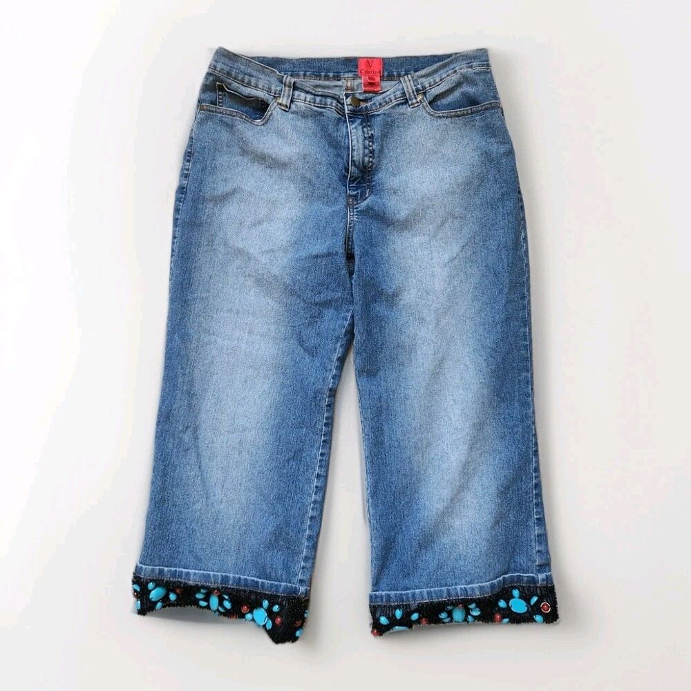 V Cristina High Rise Medium Wash Blue Jeans Capri Beaded Boho Petite Size P12